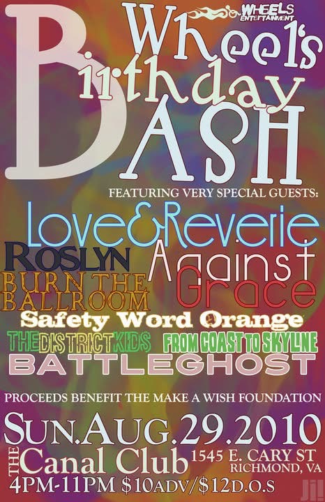 Wheels’ Birthday Bash benefit show flyer from August 29, 2010 at The Canal Club