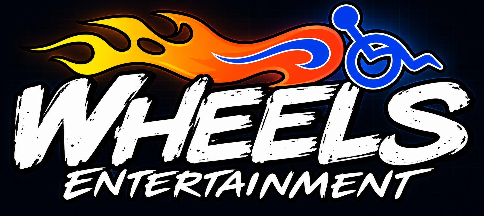 Wheels Entertainment logo with flames and a blue wheelchair symbol